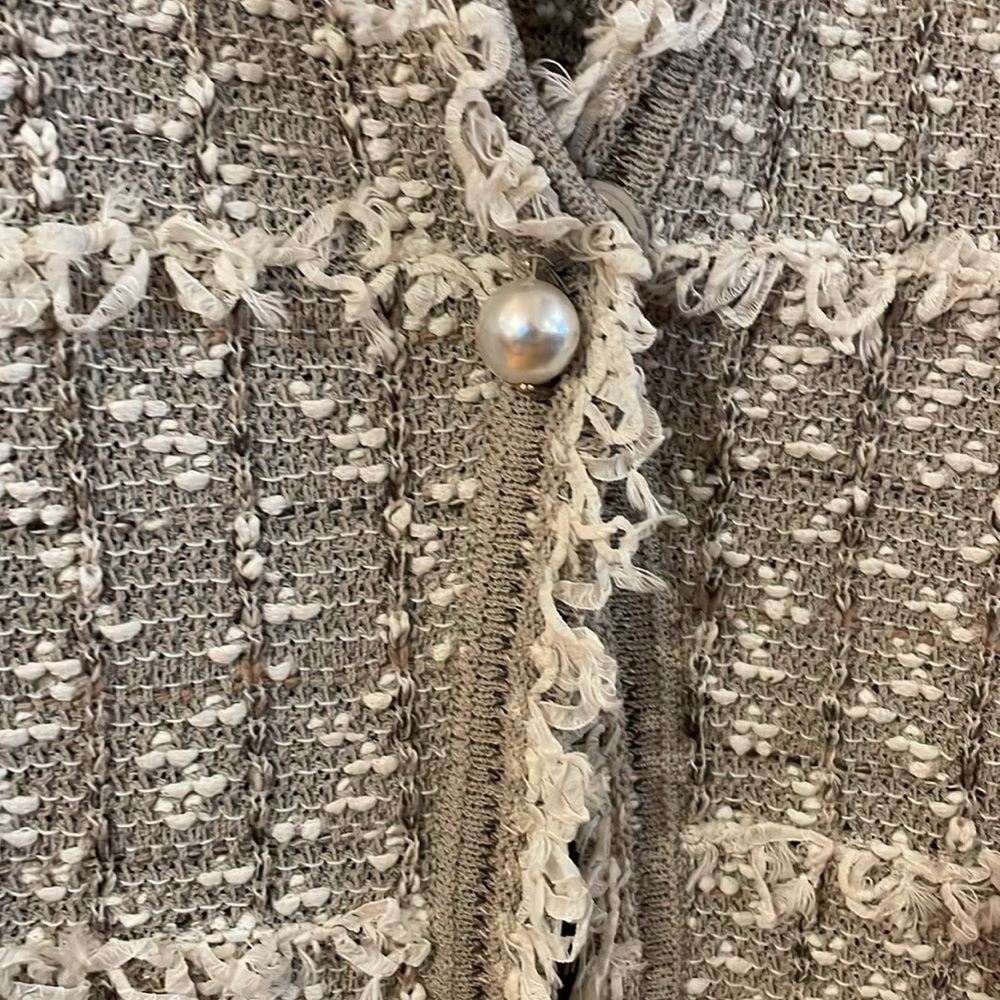 St. John Couture Dress Jacket in Taupe and Ivory with Pearl Button Accent, 10 - Picture 4 of 8